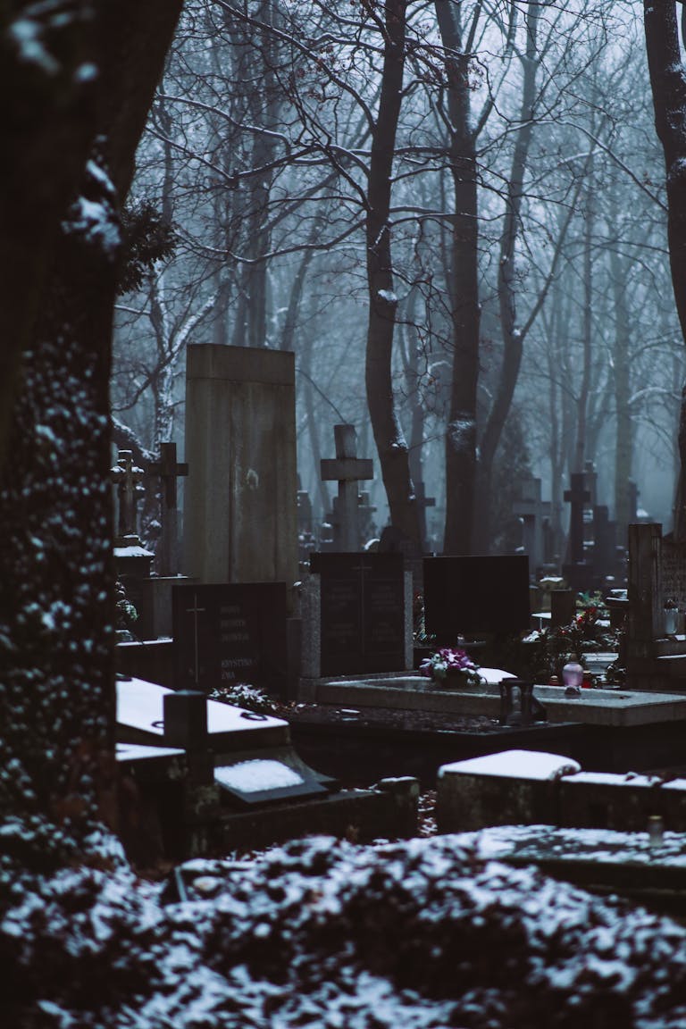 A serene, snow-covered cemetery with tombstones and trees in winter atmosphere.