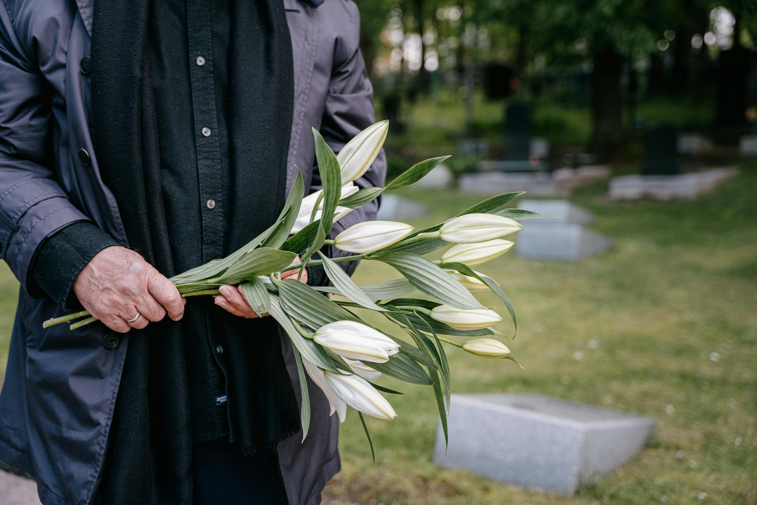 Close-up of a person holding white lilies in a cemetery on a peaceful day.