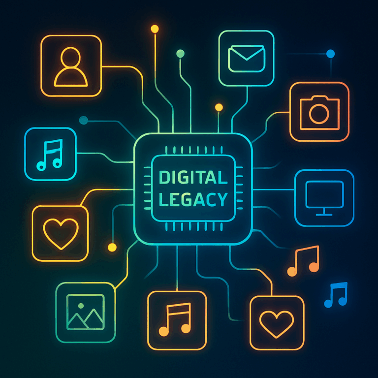 Abstrakcyjna grafika symbolizujaca cyfrowe dane i lacznosc, odpowiednia dla planowania cyfrowej spuscizny