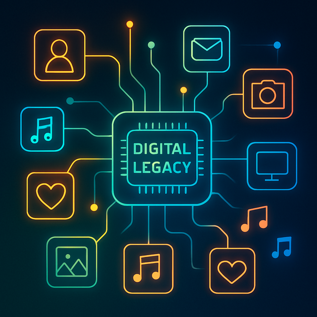 Abstrakcyjna grafika symbolizujaca cyfrowe dane i lacznosc, odpowiednia dla planowania cyfrowej spuscizny